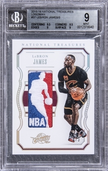 2015/16 Panini "National Treasures" #37 LeBron James Game-Used Patch Logoman Card (#1/3) - BGS MINT 9